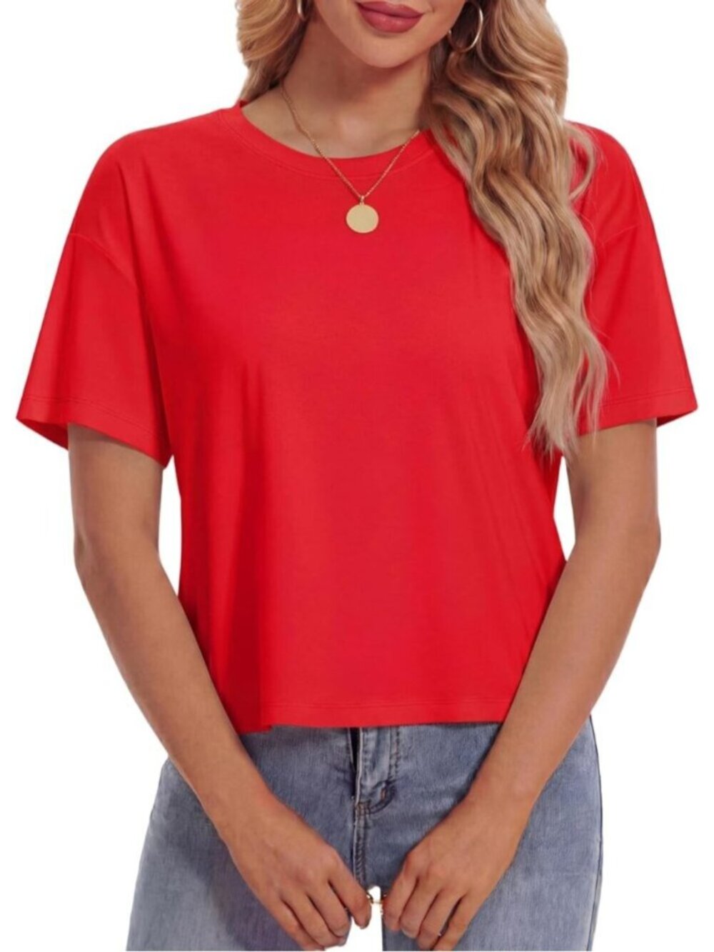 Women's Tomato Red Short Sleeve Round Neck Summer Casual Loose Cotton Crop Tops